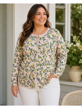 Lands' End SZ XL/18 Pink Cardigan Sweater With Lemons Art To Wear Cotton Plus